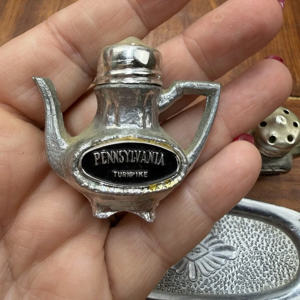 Vintage Pennsylvania Turnpike Metal Teapot Salt and Pepper Shakers Set with Tray